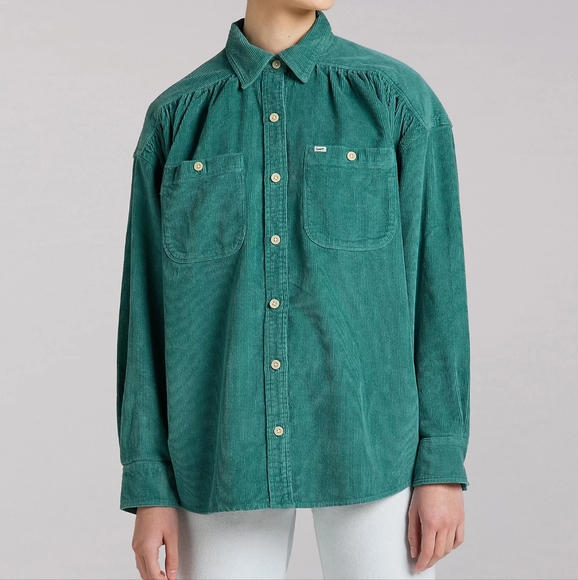 NWT Lee Monaco Green Corduroy Frontier Femme Shirred Button Up Shirt M - Picture 5 of 7